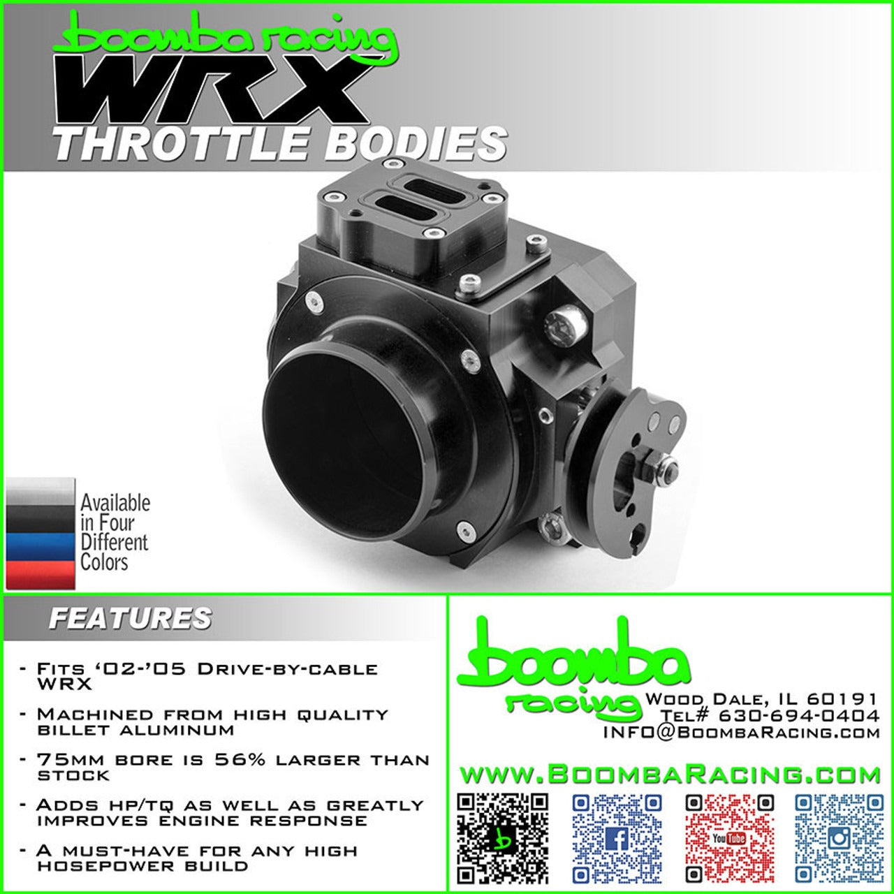 Boomba Racing 75MM Throttle Body - Anodized Black - 2002-2005 Subaru WRX
