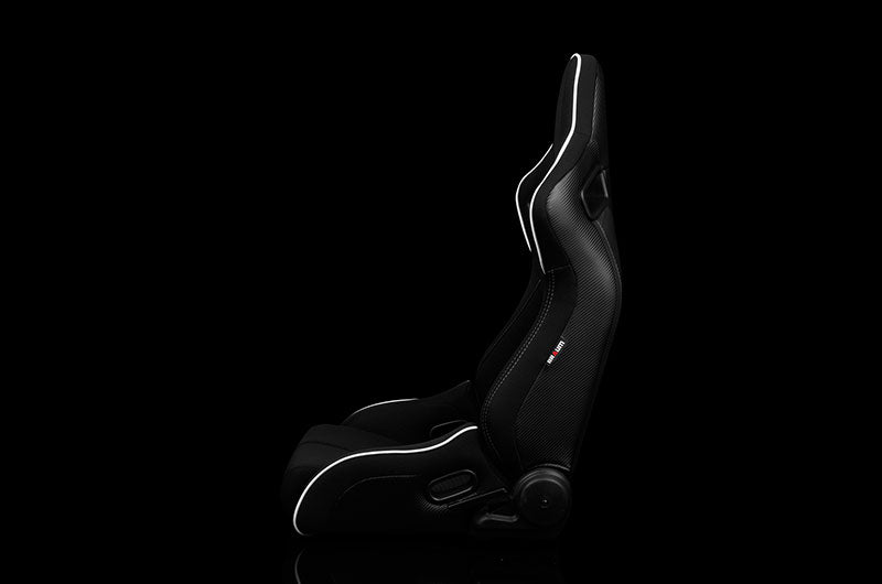 BRMBRR1R-BFWP Braum Elite-R Series Sport Seats - Black Polo Cloth (Grey Stitching / White Piping) Pair - Universal,