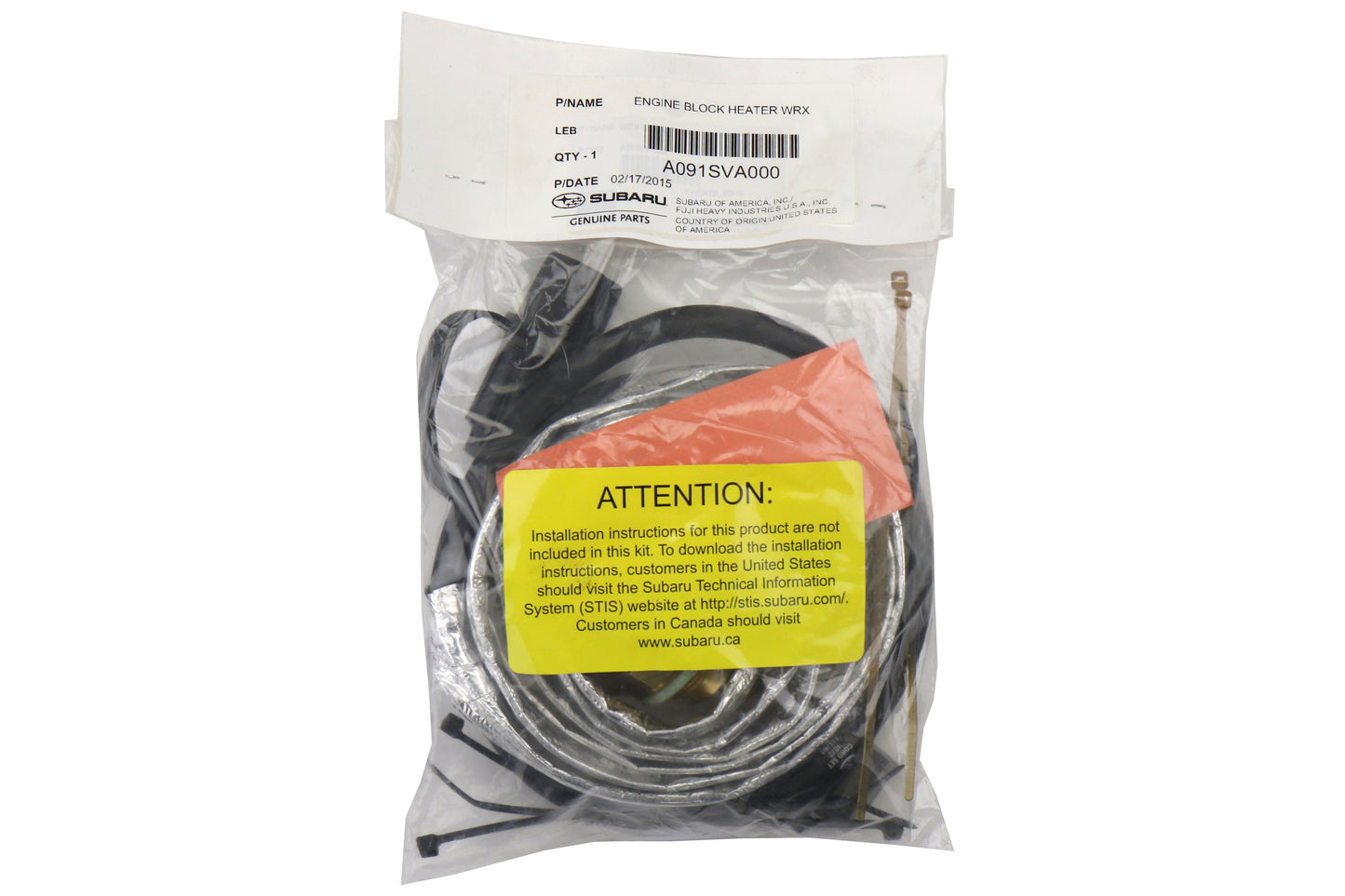 SUBA091SVA000 Subaru OEM Engine Block Heater - 2015-2020 WRX,