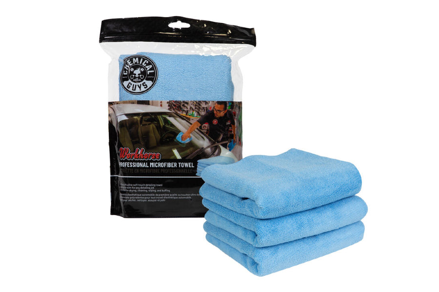 CHEMICMBLUE03 Chemical Guys Workhorse Blue Professional Grade Microfiber Towel 16"x16" 3 Pack,