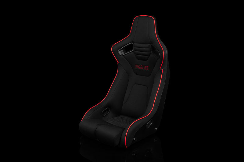BRMBRR1R-BKRS Braum Elite-R Series Fixed Back Bucket Seat - Black Polo Cloth (Red Stitching / Red Piping) Each - Universal,