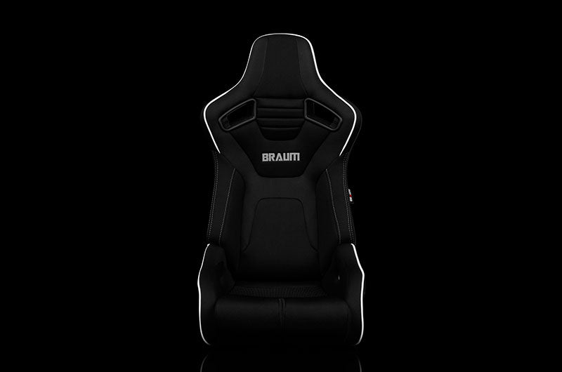 BRMBRR1R-BFWP Braum Elite-R Series Sport Seats - Black Polo Cloth (Grey Stitching / White Piping) Pair - Universal,